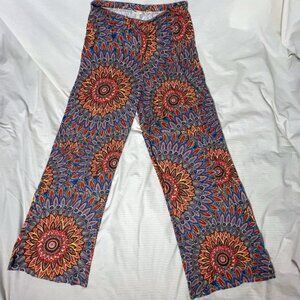 NWT L Wide leg pants floral mandala hippy retro Baggy Loose 70’s Flower Colorful